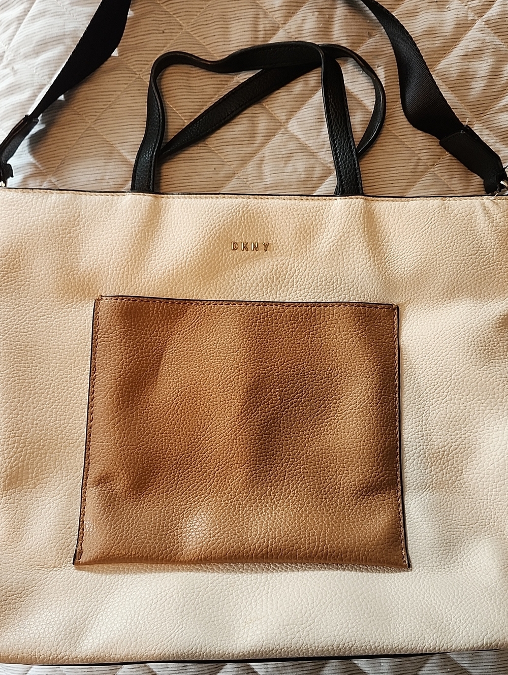 DKNY Cream Leather Tote with Brown Front Pocket and Black Straps